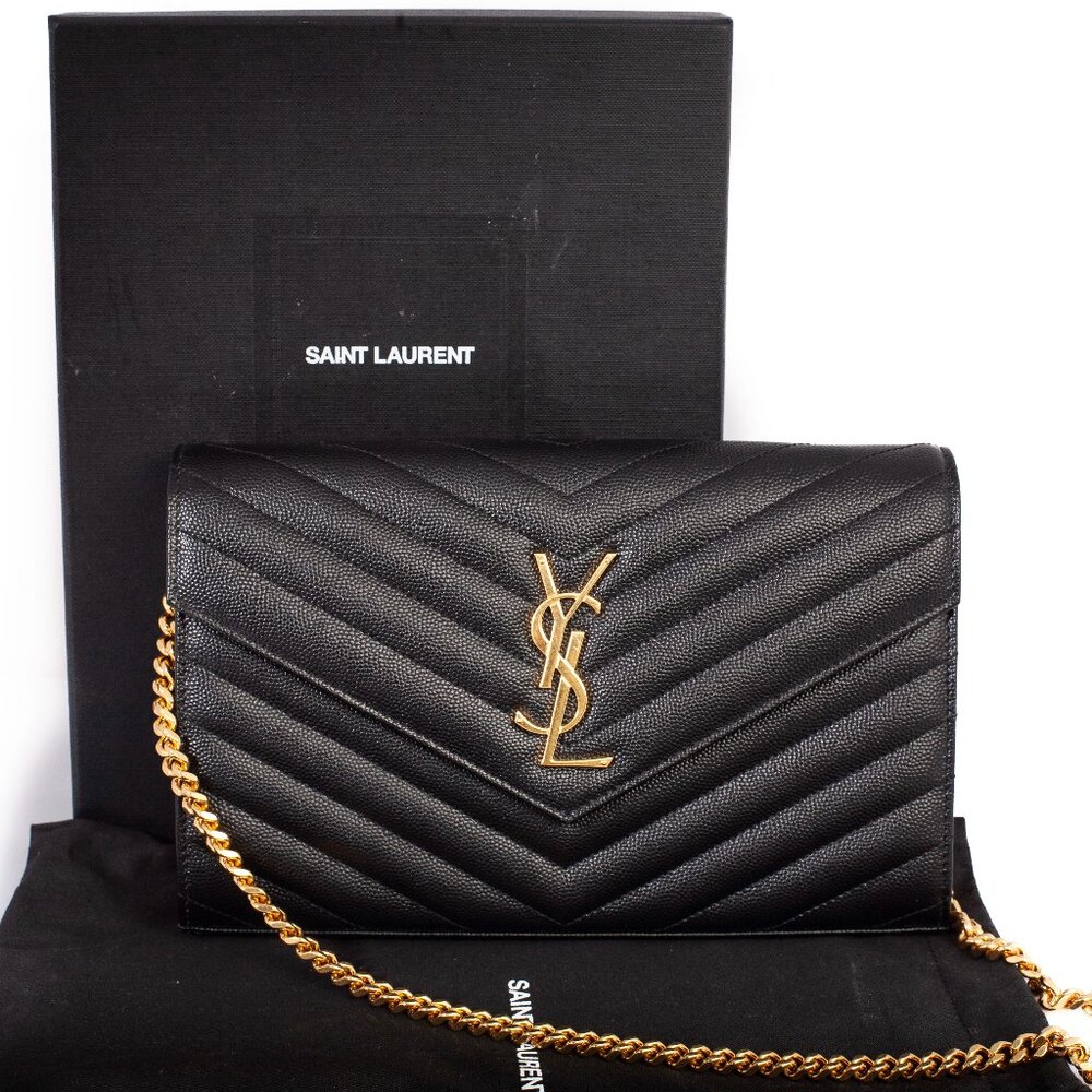 Authentic Saint Laurent Classic Cassandre Black Grain De Poudre Wallet on Chain - Picture 1 of 10